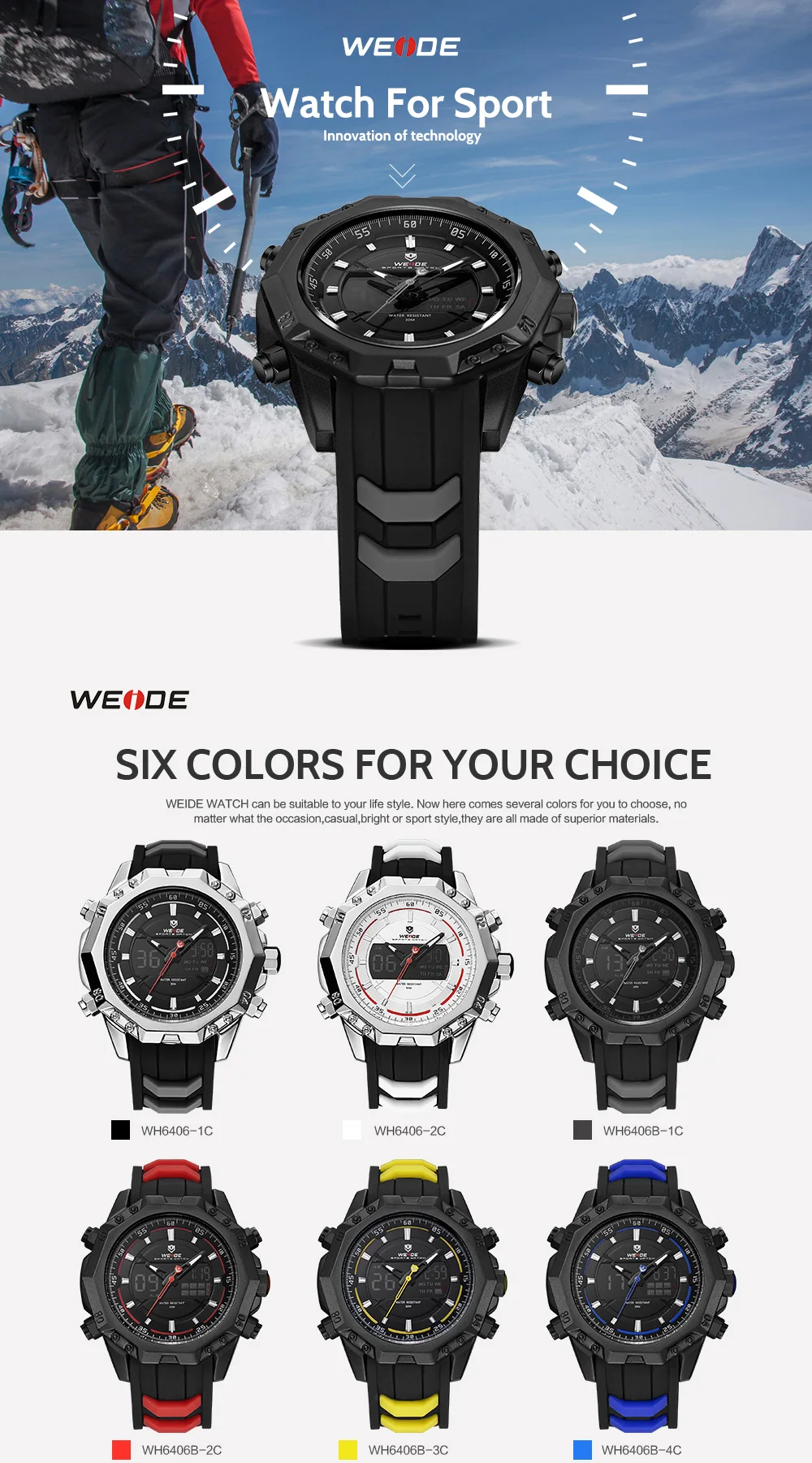 WEIDE 6406 мужские повседневные часы лучший бренд класса люкс будильник водостойкие спортивные наручные часы Аналоговые цифровой автоматический LCD человек
