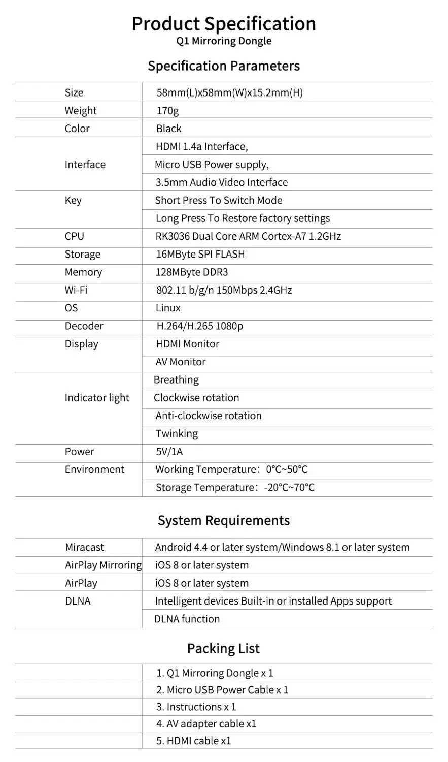 Q1 Mirroring Dongle OTA tv Stick Wifi Dongle 1080p медиа DLNA Miracast Airplay HDMI AV RCA выход видео стример дисплей ТВ коробка