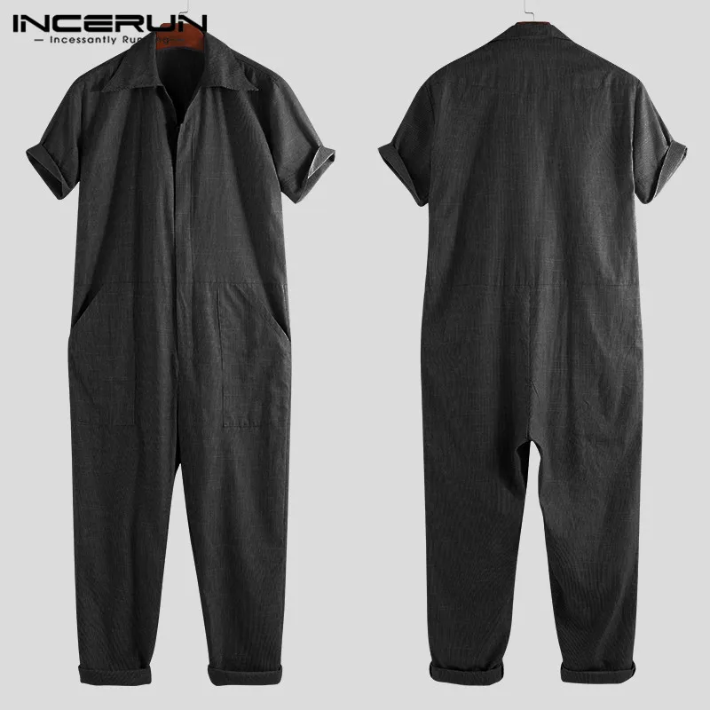 INCERUN, новинка, мужские комбинезоны, комбинезоны с коротким рукавом, с отворотом, на шее, уличная одежда, мешковатые штаны, одноцветные, дышащие, модные мужские комбинезоны карго