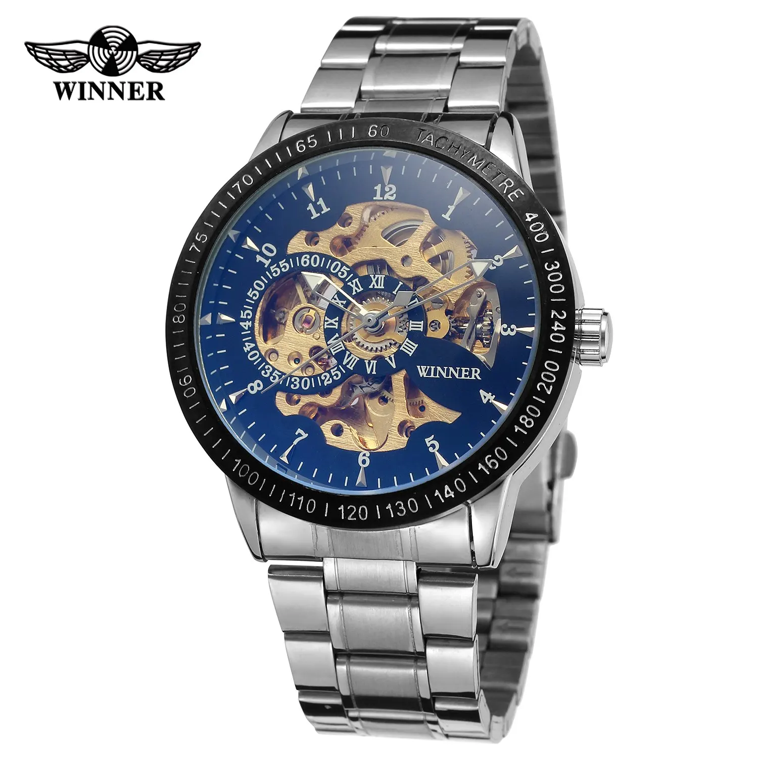 Famous Winner Luxury Vintage Steel Stainless Clock Black Dial Silver Men Mechanical Skeleton Watch Military Automatic Wristwatch | Наручные