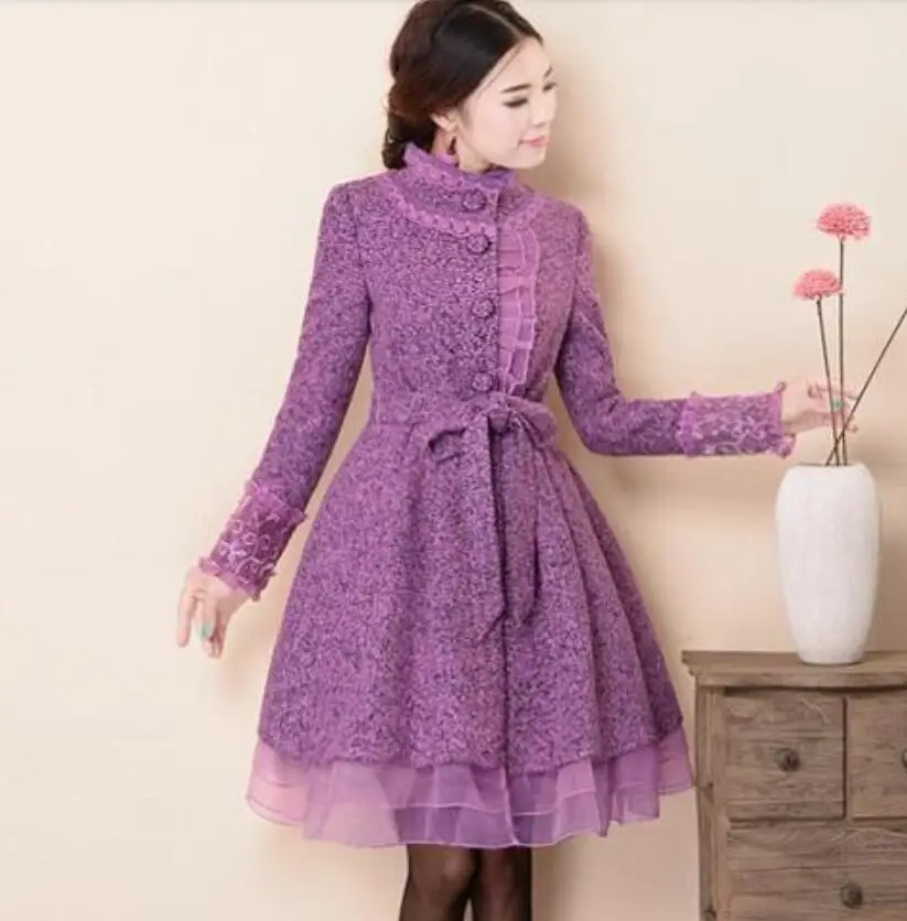

2019 autumn Winter Women's Temperament Sweet Stand Collar Elegant Wool Coat Purple Color Woolen Jacket Outwear With Belt p1452