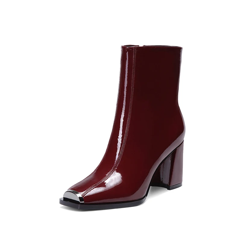 

2019 Spring Winter High Heels Square Toe Ankle Boots for Women Fashion Patent Leather Motorcycle Boots Woman Botas Mujer Black