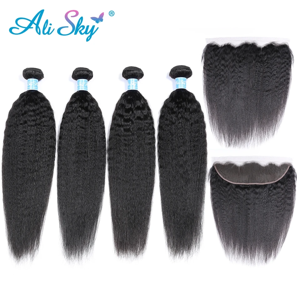 Alisky Kinky Straight 4 Bundles With lace Frontal Closure Peruvian Hair Bundles with 13x4 Ear To Ear Lace Frontal Remy Hair