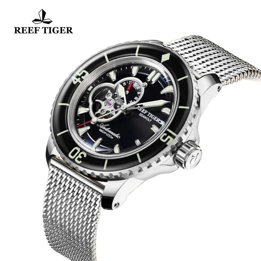 

Reef Tiger/RT Dive Sport Watches for Men Luminous Automatic Luminous Blue Dial Watches Stainless Steel Strap RGA3039