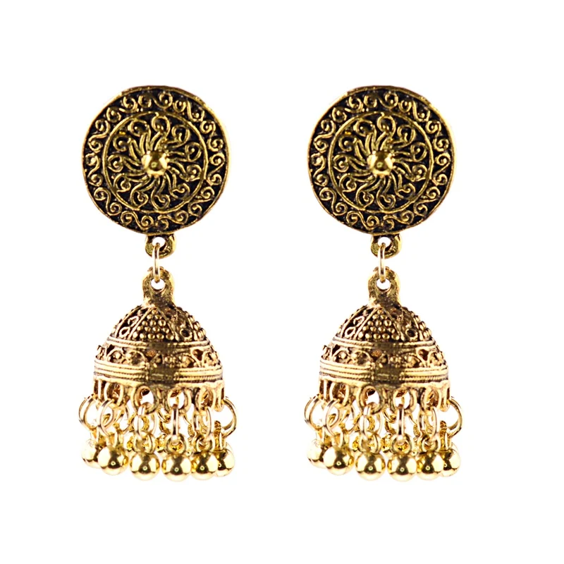 HXE080-3 TopHanqi индийские цыганские украшения Jhumka, серебряные, Boho, винтажные Этнические женские серьги, полые Висячие серьги для женщин - Окраска металла: HXE080-3