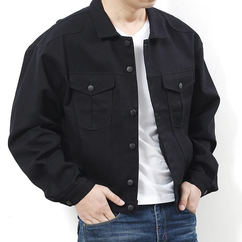 

2018 men's spring and autumn big yards loose pure cotton denim jacket large size stylish man's lapel casual coat male clothes