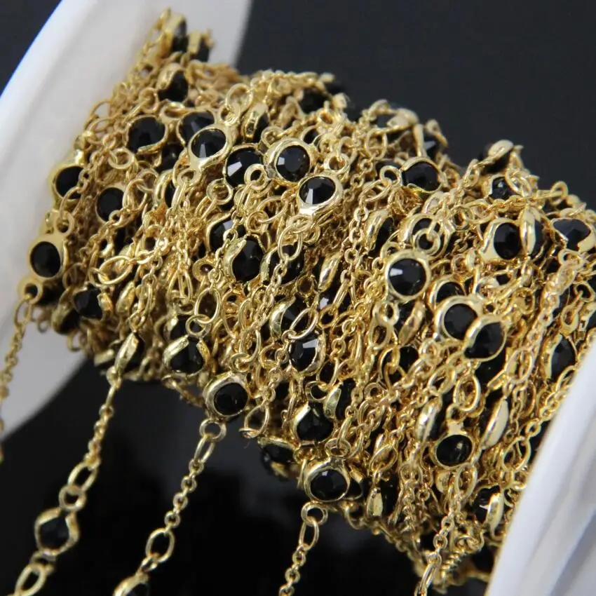 

5meters/Faceted Black Crystal Glass Coin Bead Chain,4mm Glass Round Slice Link Plating Gold Tone Wire Wrapped Rosary Chain