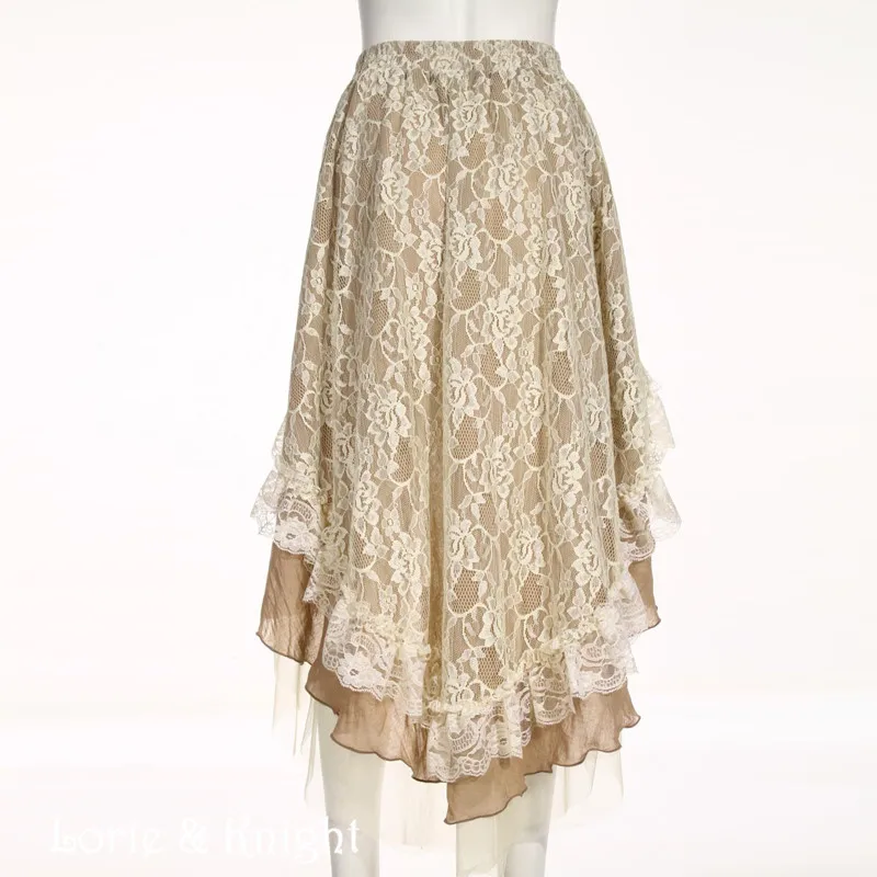 Женская винтажная длинная многослойная кружевная юбка в стиле стимпанк белая и