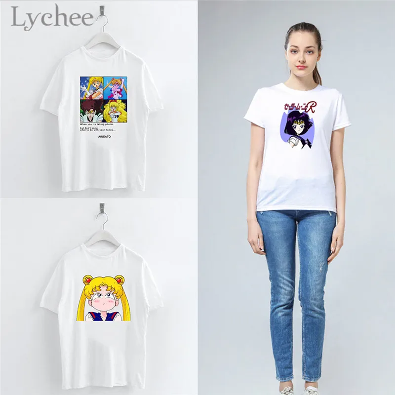 Lychee Harajuku Сейлор Мун мультфильм Печать Женская футболка повседневная с коротким рукавом o-образным вырезом белая футболка женский топ