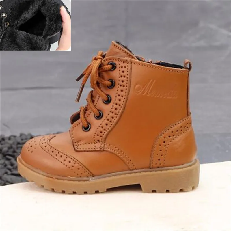 With Plush Brown Новые осенне-зимние детские ботинки из натуральной кожи теплые плюшевые ботильоны для мальчиков и девочек детская обувь детские зимние ботинки 018 - Цвет: With Plush Brown