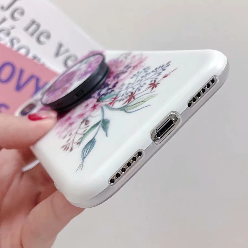Мраморный чехол для телефона iPhone XS Max силиконовый с подставкой в виде листьев и