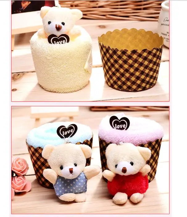 

1 piece Cute creative kids birthday gift bear wedding chirstmas gift cupcake towel + 1 bear keyring keychain