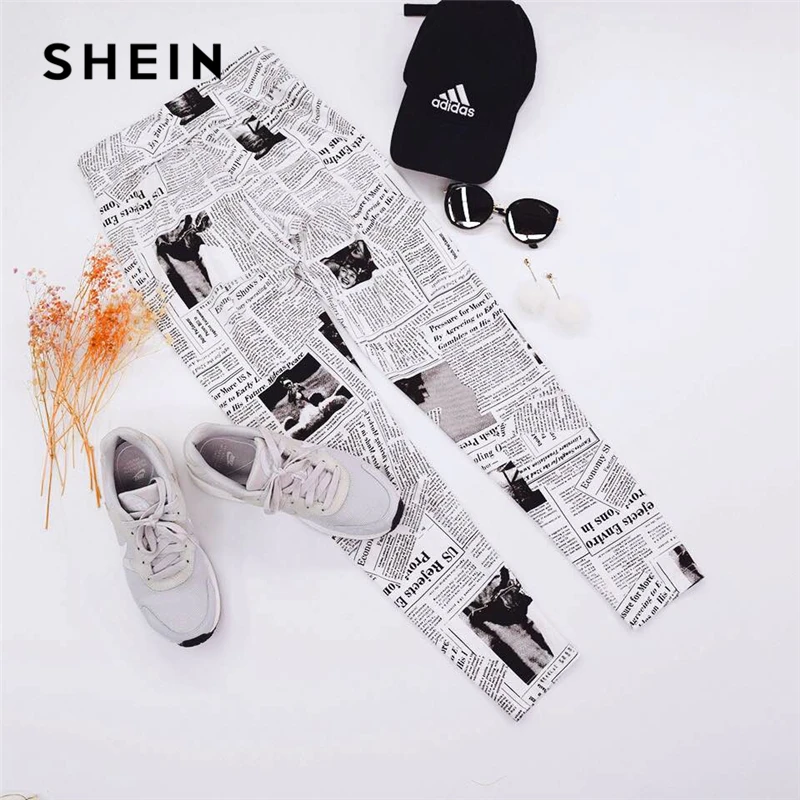 SHEIN Легинсы С Газетным Принтом, Стильные Спортивные Легинсы С Графическим Принтом