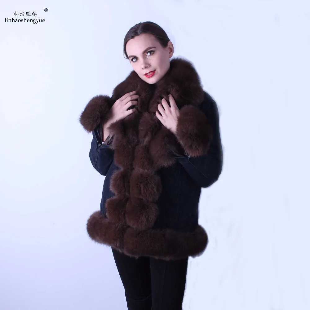 

Linhaoshengyue women Jeans wear coat Real Rex rabbit fur linink fox fur collar fox fur Cuff linink cuff can remove