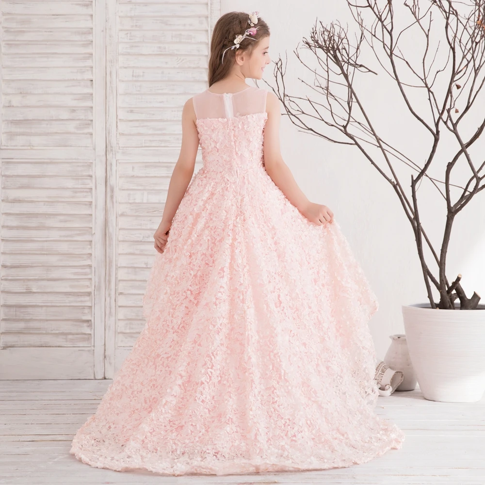 SSYFashion/новые милые розовые кружевные платья с цветочным узором для девочек на