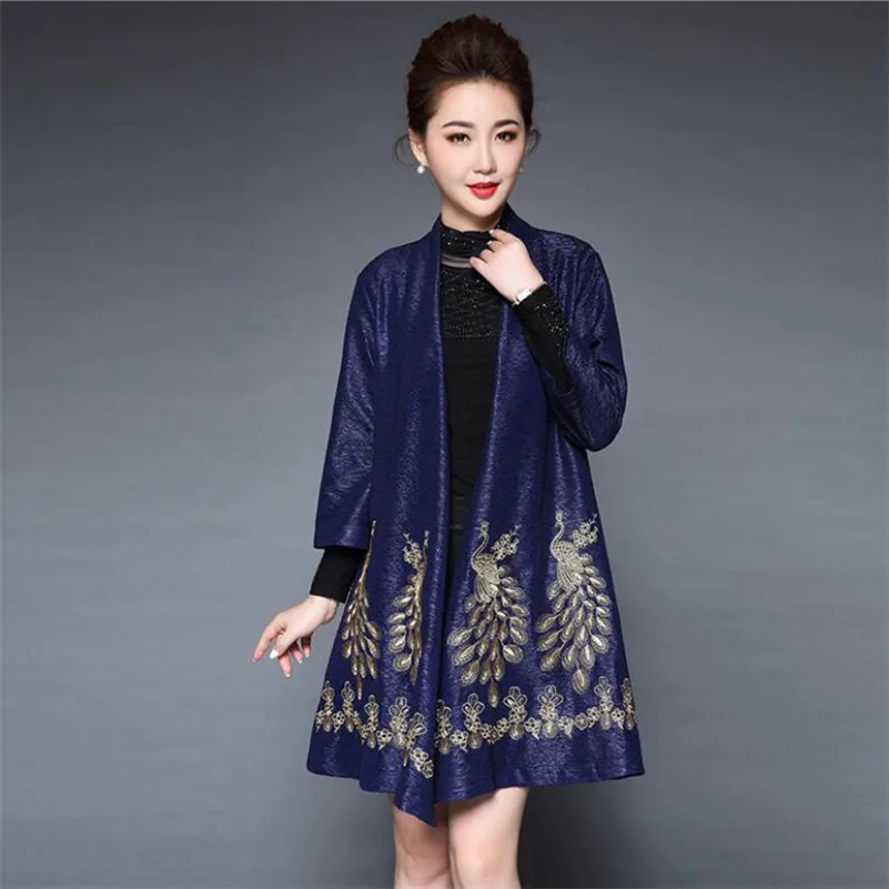 

Peacock Embroidery Cardigan Coat 2019 Spring autumn Elegant Mother Trench Shawl Casual Loose Women Long Outwear r1022