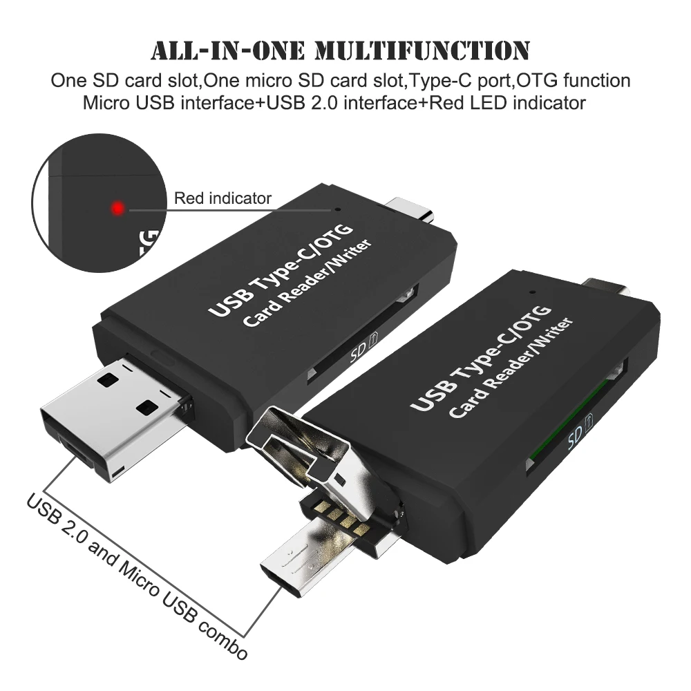 

Type C & micro USB & USB 3 In 1 OTG Card Reader High-speed USB2.0 Universal OTG TF/SD for Android Computer Extension Headers