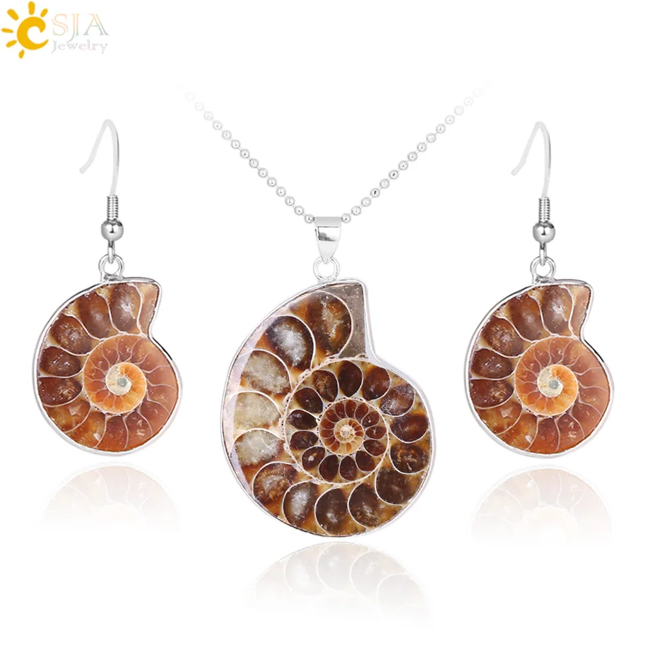 CSJA Natural Unique Ammonite Jewelry Set Necklaces Pendants Conch Shell Snail Spiral Dangle Earrings Pendants Sets E392