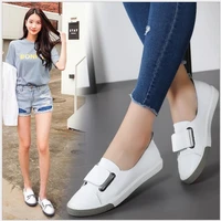 springautumn breathable womens canvas shoes women genuine leather flat casual sneakers round toe hookloop ladies white loafers