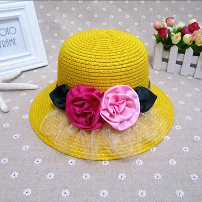 Шляпка от солнца с шелковыми розами для девочек двухцветная соломенная детская