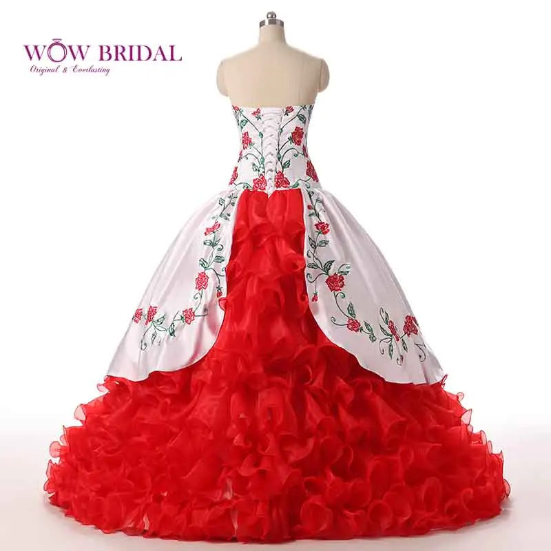 Wowbridal роскошное 2021 белое красное платье с вышивкой Quinceanera бальное оборками из