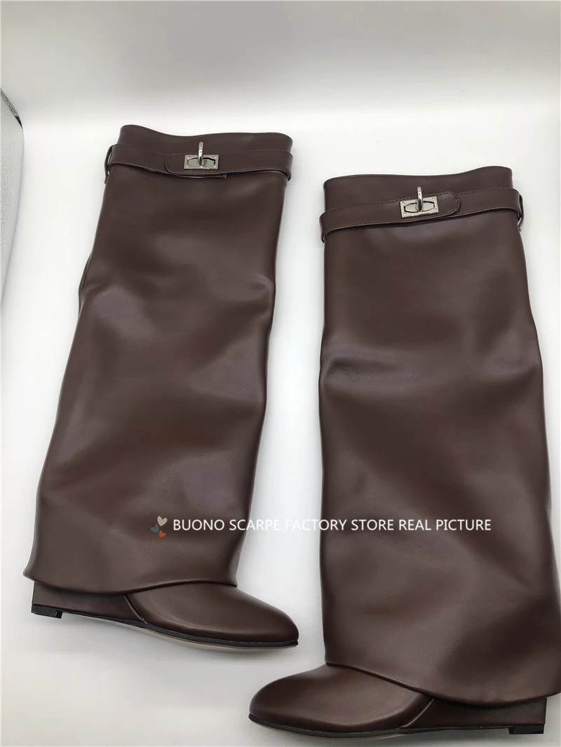Buono Scarpe/женские ботинки черного цвета с замочком акулы; ботинки из натуральной кожи с высоким голенищем; брендовые дизайнерские ботинки на танкетке и высоком каблуке; Botas Mujer; шикарные ботинки; коллекция года