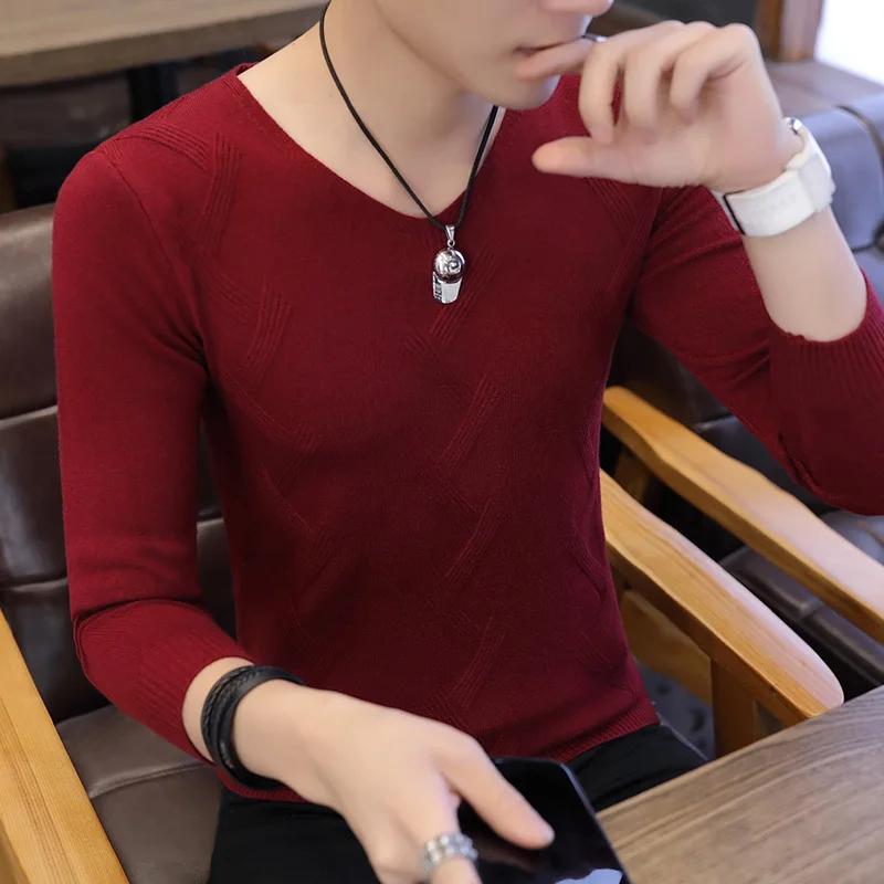 

Loldeal Spring and Autumn V-neck solid men sweater brand leisure knit Autumn Youth Sweater