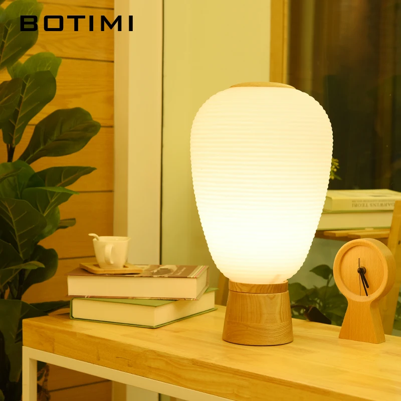 Светодиодный настольный светильник BOTIMI в японском стиле со стеклянным абажуром, деревянные прикроватные лампы для чтения, кнопочный переключатель