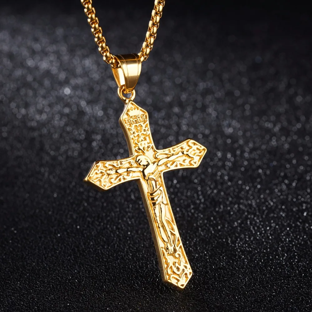 

Men Necklace Vintage Gold Color Cross Unisex Necklace Pendant Jewelry Jesus Silver Color Cross Pendant Necklaces For Women