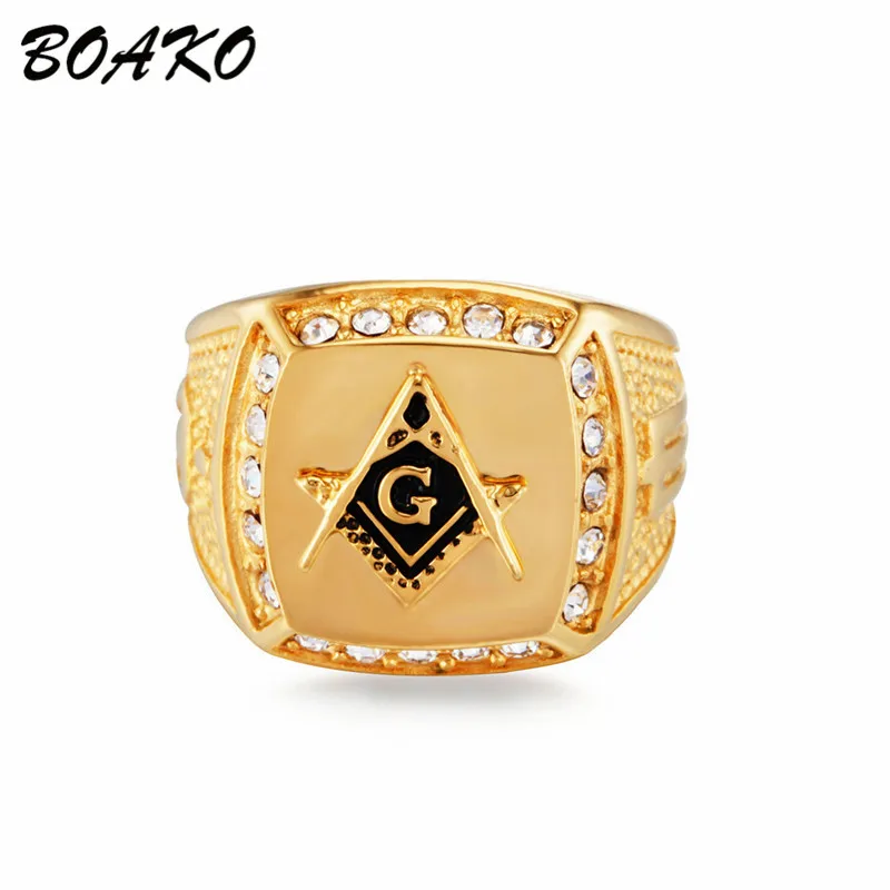 

BOAKO Freemason Stainless Steel Rings Male Bling CZ Crystal Ring Punk Masonic Free Mason Symbol G Templar Men Rings Jewelry