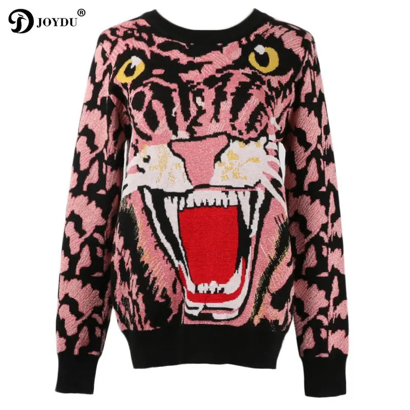 JOYDU 2018 Runway Winter Sweater Women Long Sleeve O-neck Leopard Tiger Head Pattern Vintage Knitted Jumper Casual sueter mujer | Женская