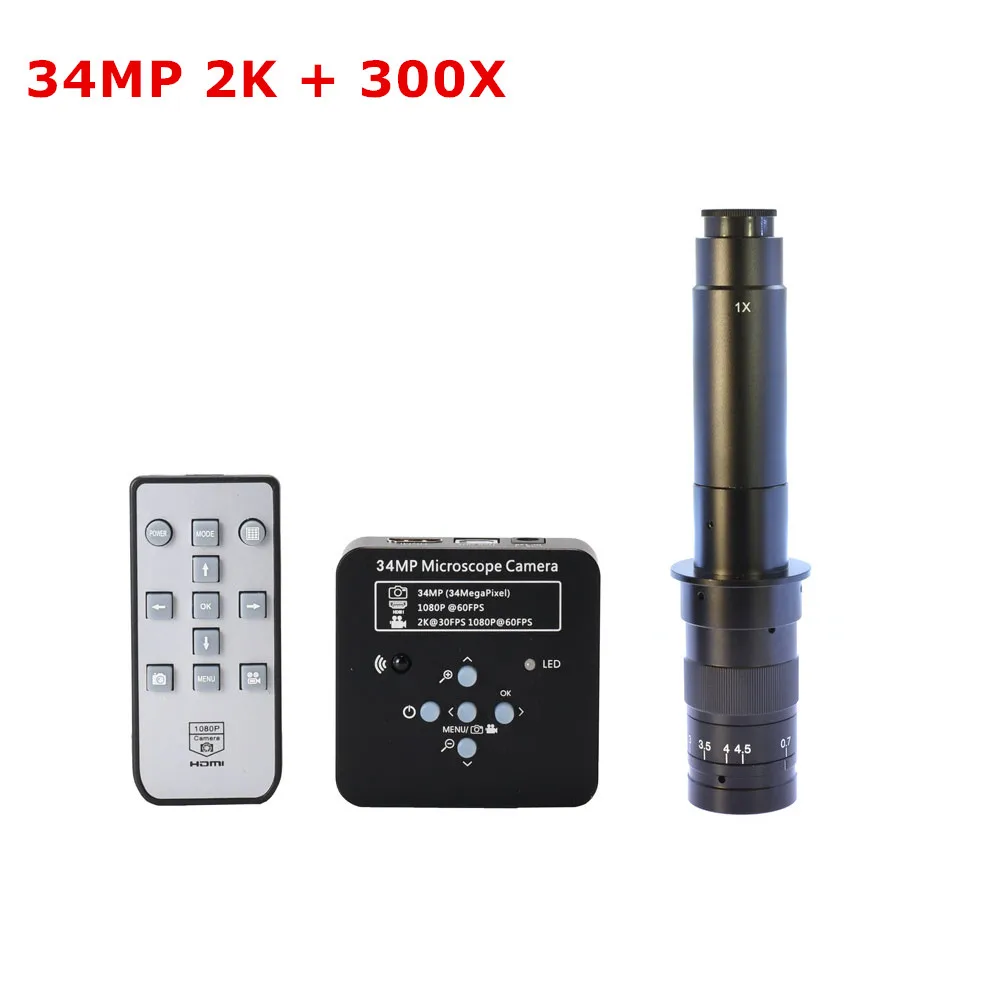 

34MP 2K 60FPS HDMI USB Industrial Digital Video Soldering Microscope Camera Magnifier with 100X 180X 200X 300X C-mount Zoom Lens