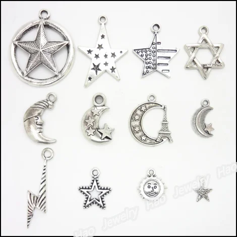 Смешанный 120 шт Винтажный серебряный цинковый сплав Звезды Луна солнце Подвески