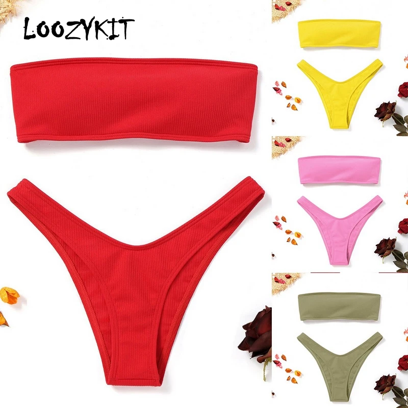 Женский купальный костюм Loozykit летний без бретелек из двух частей однотонный