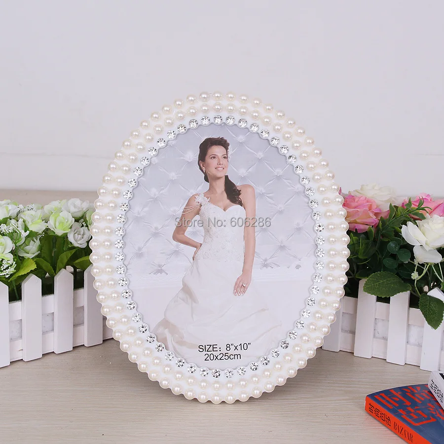 6 inch oval shape fashion pearl diamond white metal photo frame For Wedding Decorations Favors Дом и сад