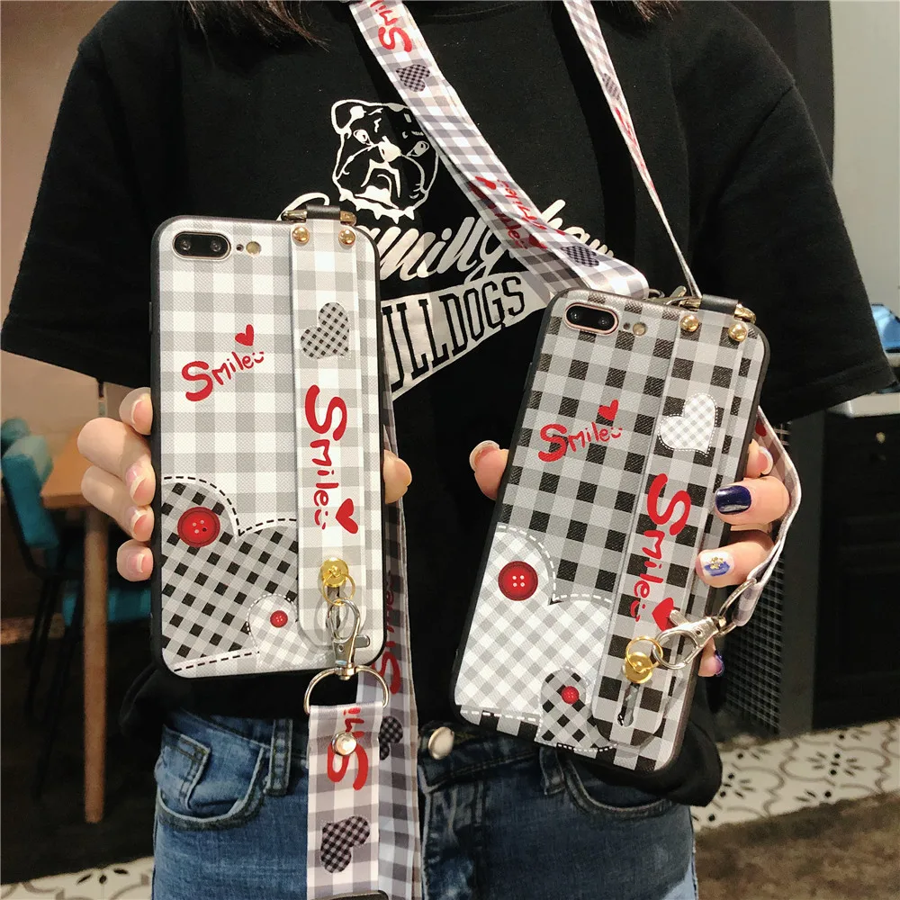 Wrist Strap Phone Case For iPhone X XR XS MAX Lattice Printing Love Silicone for iphone 7 6s 8plus Lanyard Neck Cover |