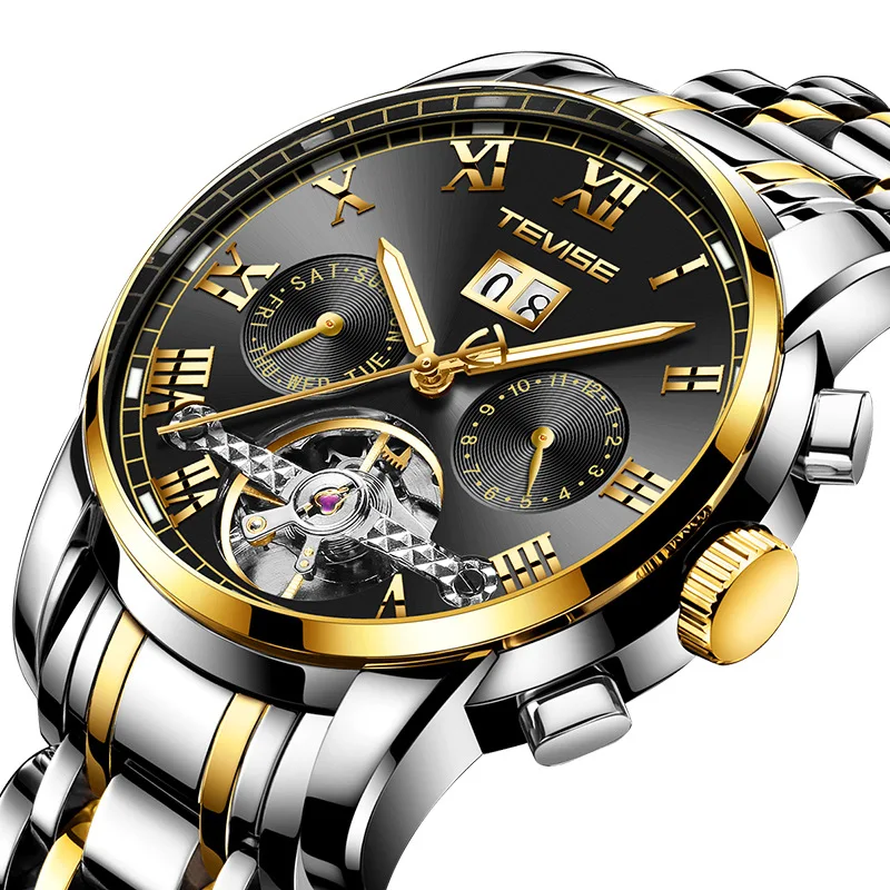 TEVISE, мужские часы, автоматические механические часы, мужские Tourbillon, водонепроницаемые часы со скелетом, мужские наручные часы, Relogio Masculino - Цвет: gold black