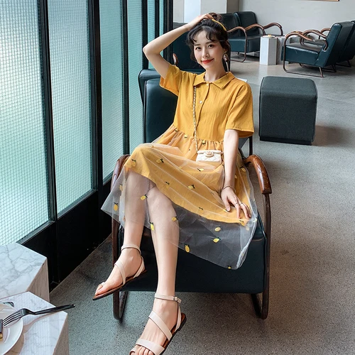 

Loose New Mesh Patchwork Brief Dresses 2019 Woman Embroidery Plus Size Summer Dress Peter Pan Collar Casual Fashion Dresses