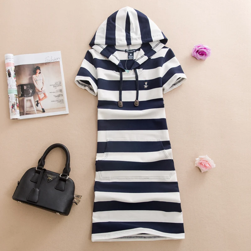 Женское платье с капюшоном повседневное Свободное в полоску вышивкой лето 2019 |