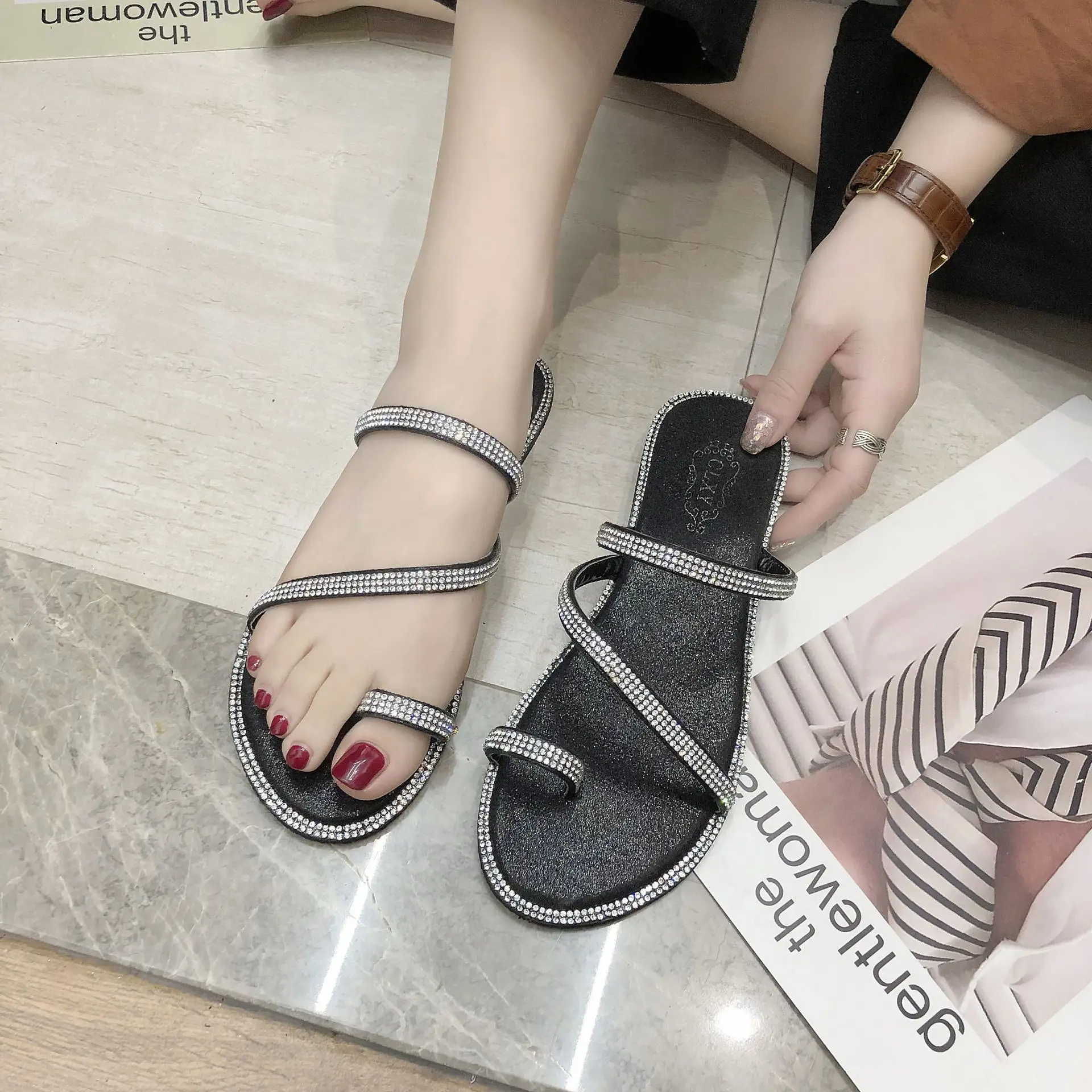 Clip toe slippers crystal summer shoes woman flats narrow band slides brief casual anti-skid beach flipflops femme zapatos mujer | Обувь