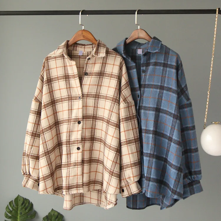 Женские корейские клетчатые рубашки весенние блузки с длинным рукавом и