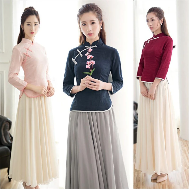 

2019 Summer Traditional chinese top for women qipao style retro shirt fashion cheongsam top pink linen and cotton plus size 3XL