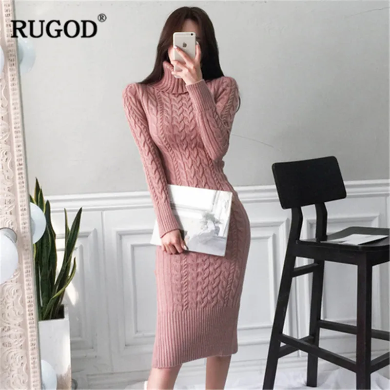 RUGOD, вязаное женское длинное платье, элегантное, модное, с высоким воротом, скрученная вязка, тонкий свитер, платье для женщин, зимнее, макси, облегающее платье