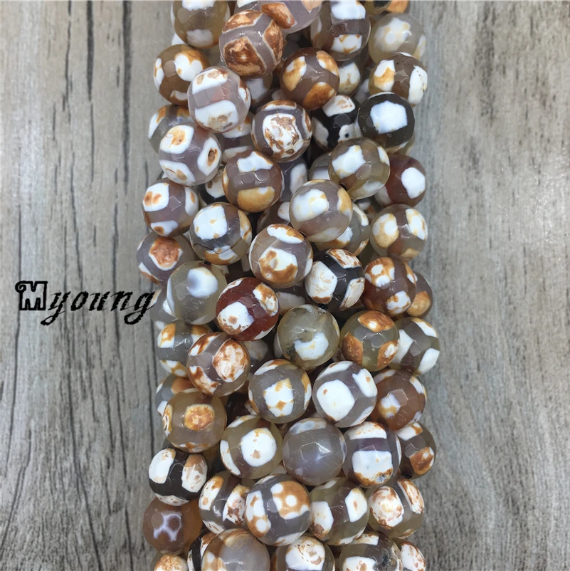 

MY0364 Round White&Brown Dzi Tibetan Onyx Beads Football Stripe,Faceted Polished Antique 15.5 Inch Full Strand Agates Beads