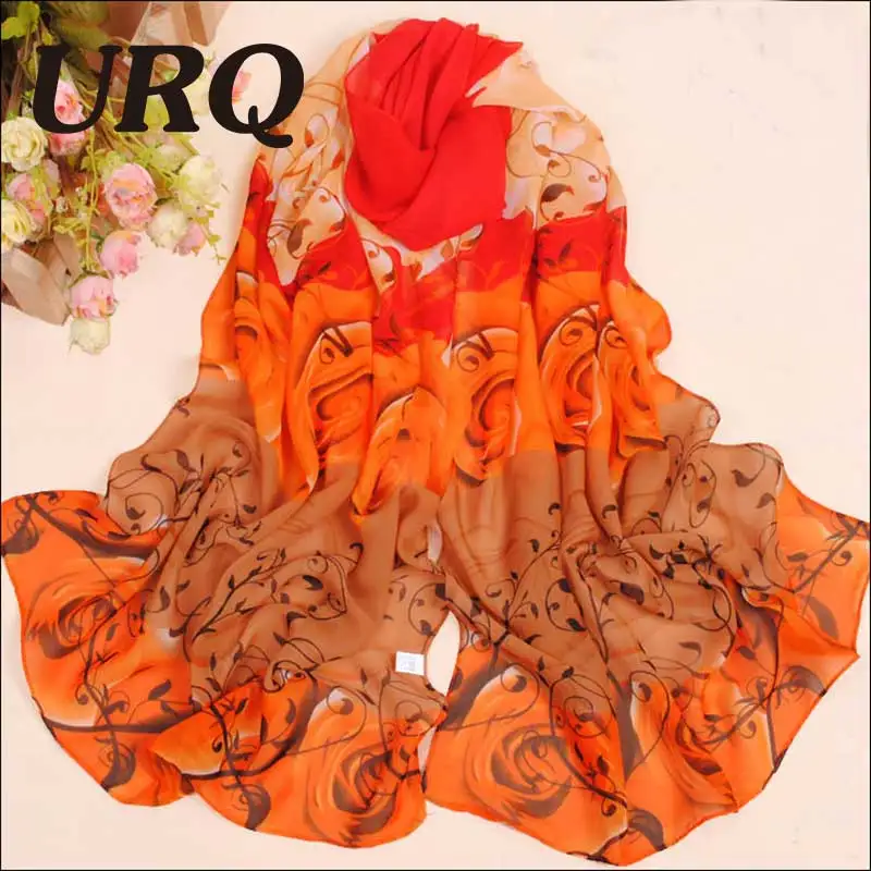 Длинные шифоновые шелковые шарфы с цветочным принтом розы женские подарок на