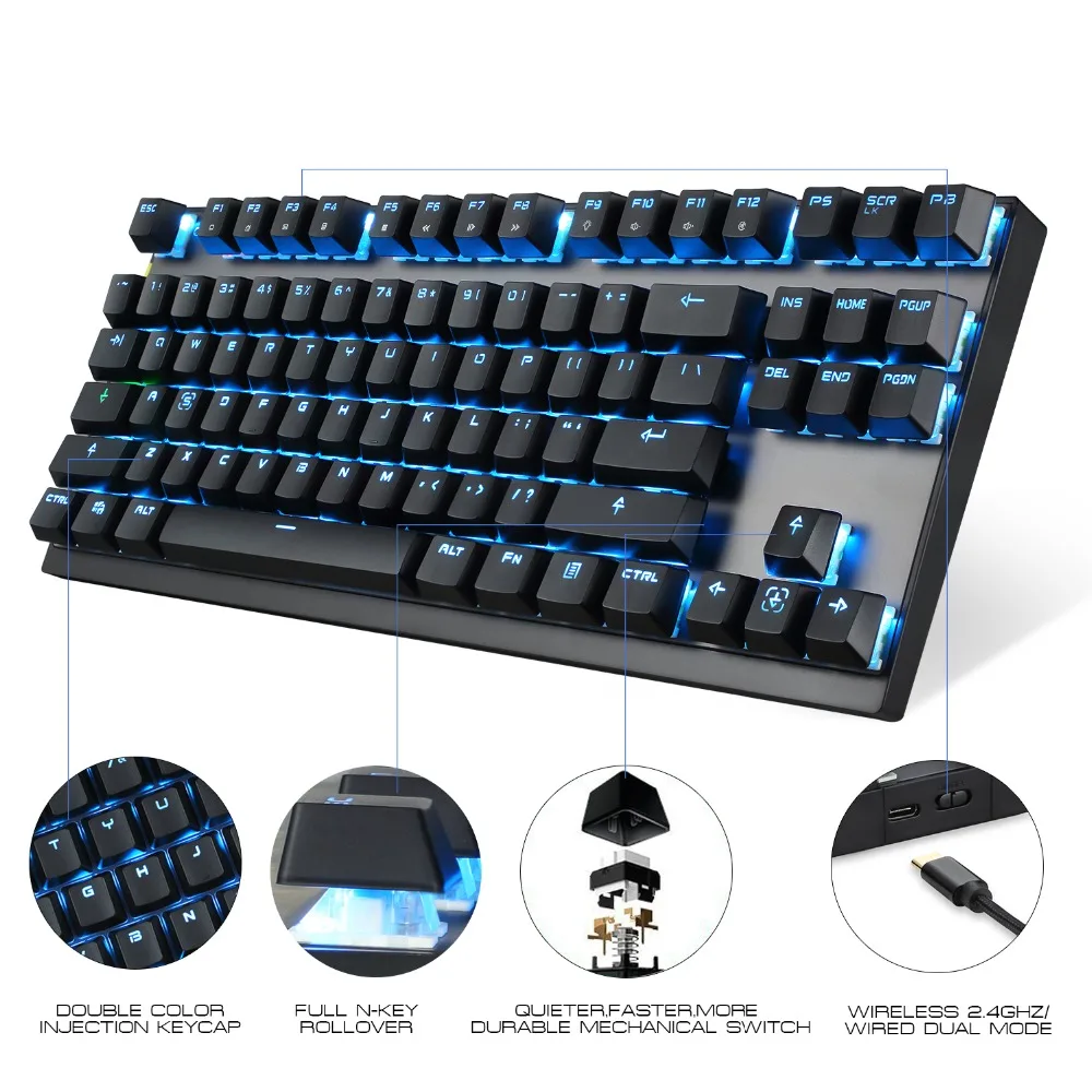 Motospeed GK82 тип-c 2,4G Беспроводная/Проводная Механическая игровая клавиатура 87Key красный переключатель перезаряжаемая RGB подсветка для ПК ноутбука