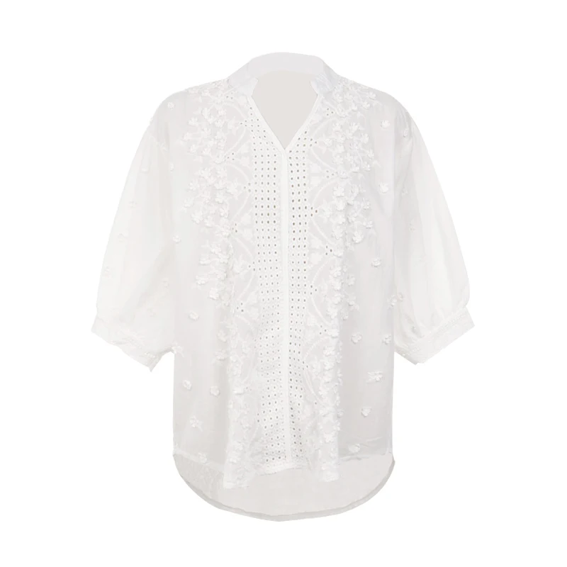 

PERHAPS U White Solid V Neck Three Quarter 3/4 Sleeve Embroidery Hollow Out Shirt B0106