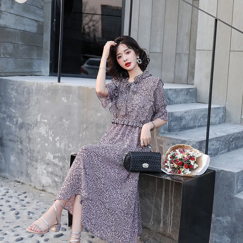 

2019 Retro Chiffon Slim dress Women Ruffles Sleeve Beach Dress Woman Basic Beautiful Dresses Summer Printing dress Vestidos