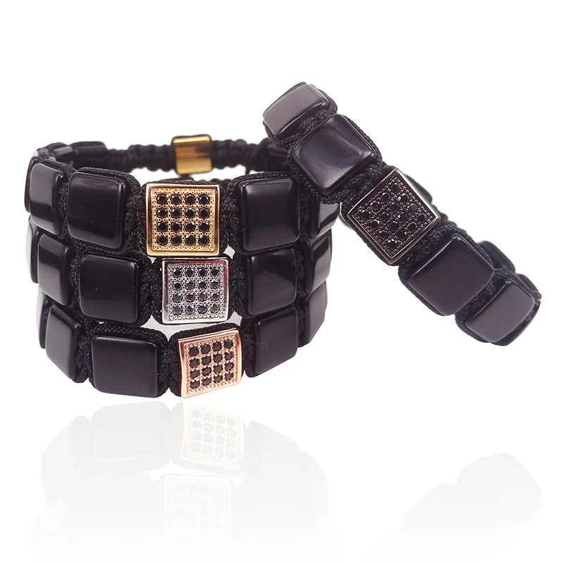 Новые модные мужские браслеты Агаты натуральный черный оникс камень плоский квадрат и CZ бусина плетение