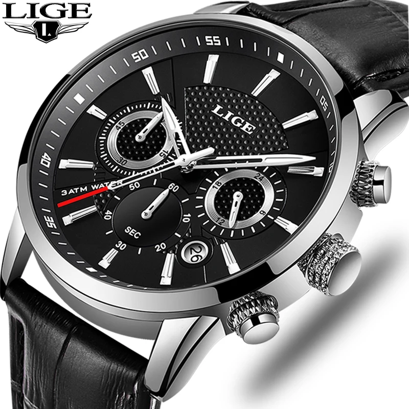 Мужские кварцевые часы LIGE повседневные с кожаным ремешком для свиданий бизнес